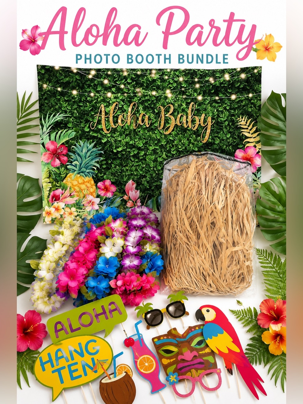 Aloha Baby Party Photo Booth Bundle Banner Leis Hula Skirt Props Luau Decor